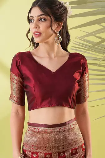 Maroon pure silk woven zari work saree with blouse
