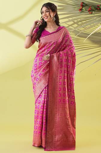 Pink pure silk woven zari work saree with blouse