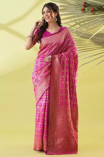 Pink pure silk woven zari work saree with blouse