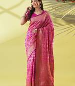 Pink pure silk woven zari work saree with blouse