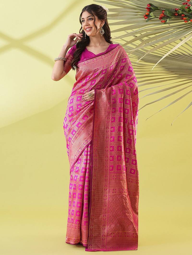 Pink pure silk woven zari work saree with blouse
