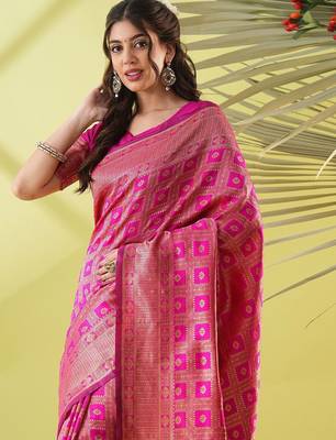 Pink pure silk woven zari work saree with blouse 2