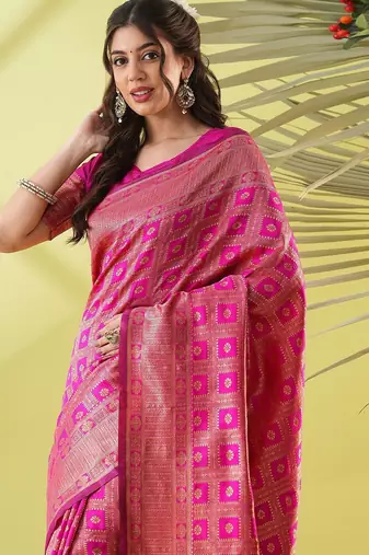 Pink pure silk woven zari work saree with blouse