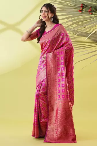 Pink pure silk woven zari work saree with blouse