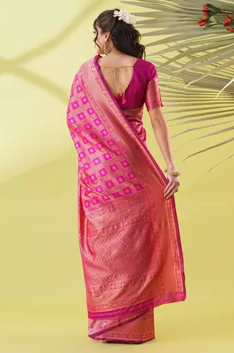 Pink pure silk woven zari work saree with blouse