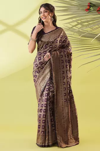 Magenta pure silk woven zari work saree with blouse