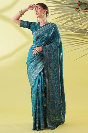 Light blue pure silk woven zari work saree with blouse