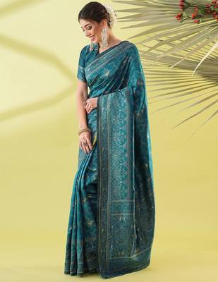 Light blue pure silk woven zari work saree with blouse 2