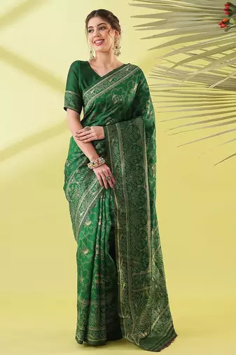 Green pure silk woven zari work saree with blouse