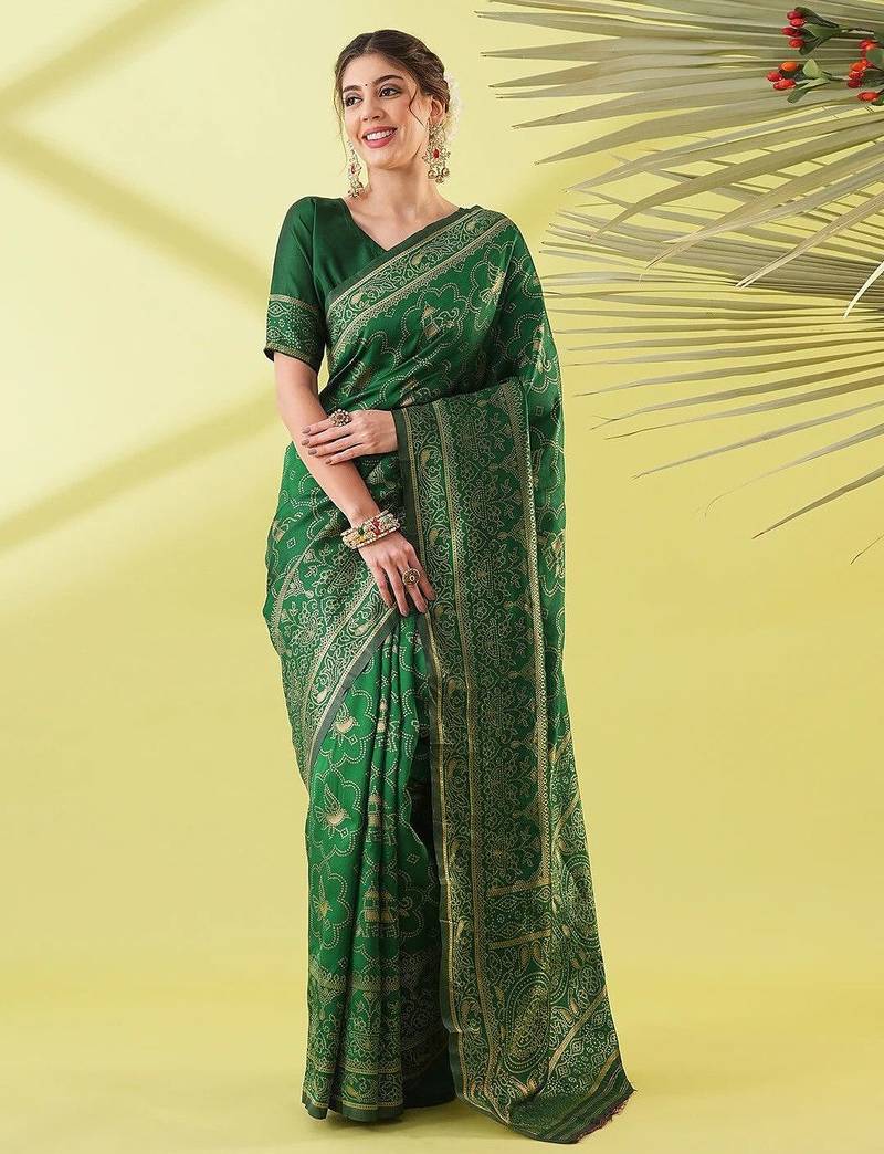 Green pure silk woven zari work saree with blouse