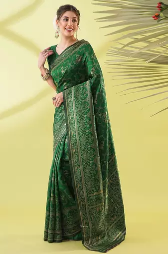 Green pure silk woven zari work saree with blouse