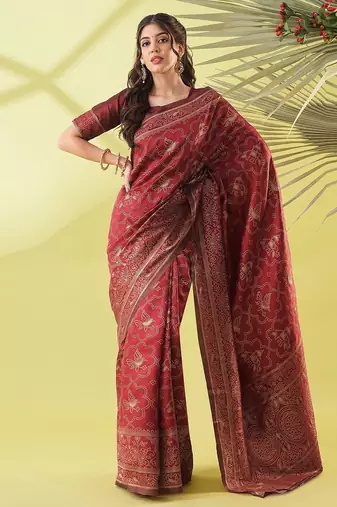 Maroon pure silk woven zari work saree with blouse