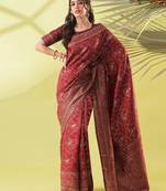 Maroon pure silk woven zari work saree with blouse