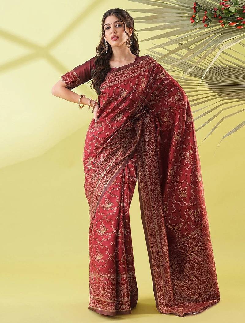 Maroon pure silk woven zari work saree with blouse