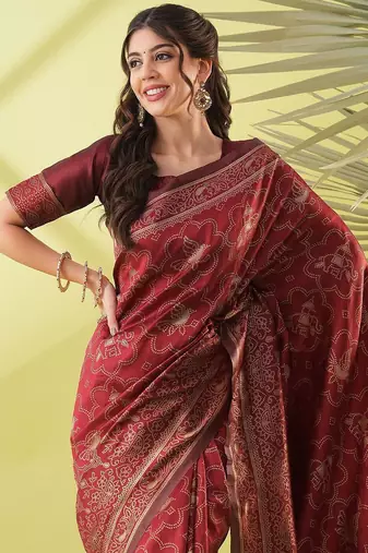 Maroon pure silk woven zari work saree with blouse