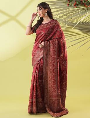 Maroon pure silk woven zari work saree with blouse 3