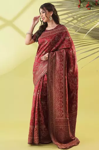 Maroon pure silk woven zari work saree with blouse