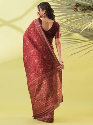 Maroon pure silk woven zari work saree with blouse 4