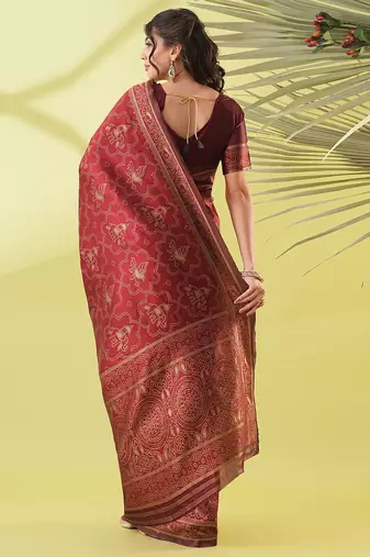 Maroon pure silk woven zari work saree with blouse