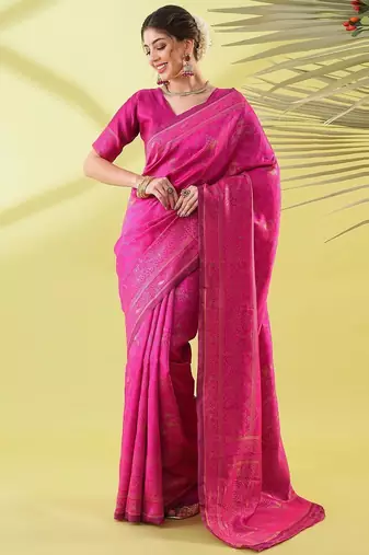 Pink pure silk woven zari work saree with blouse