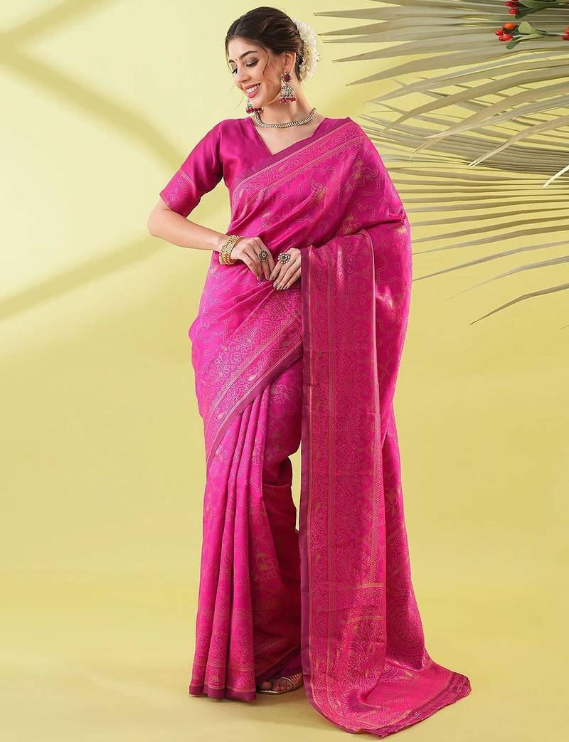 Pink pure silk woven zari work saree with blouse
