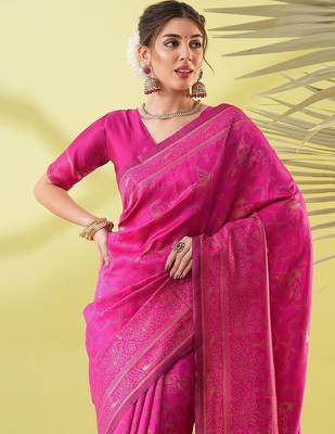 Pink pure silk woven zari work saree with blouse 2