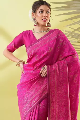 Pink pure silk woven zari work saree with blouse