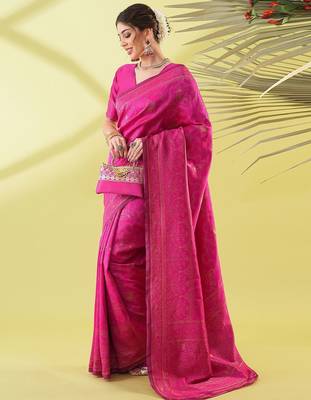 Pink pure silk woven zari work saree with blouse 3