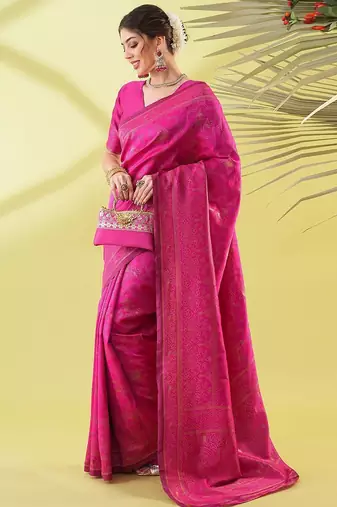 Pink pure silk woven zari work saree with blouse