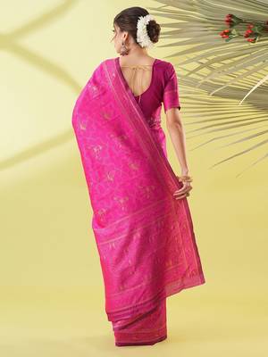 Pink pure silk woven zari work saree with blouse 4