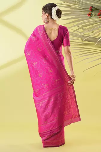 Pink pure silk woven zari work saree with blouse