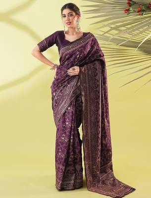 Magenta pure silk woven zari work saree with blouse 1