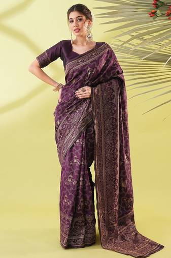 Magenta pure silk woven zari work saree with blouse