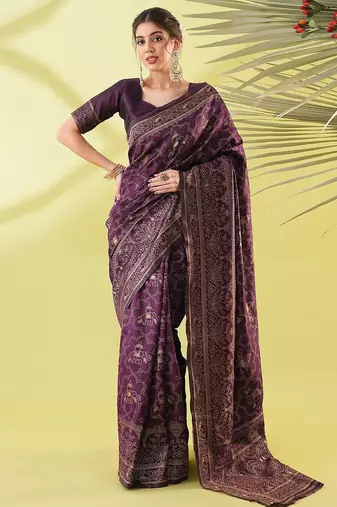 Magenta pure silk woven zari work saree with blouse