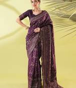 Magenta pure silk woven zari work saree with blouse