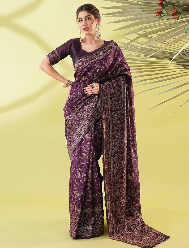 Magenta pure silk woven zari work saree with blouse