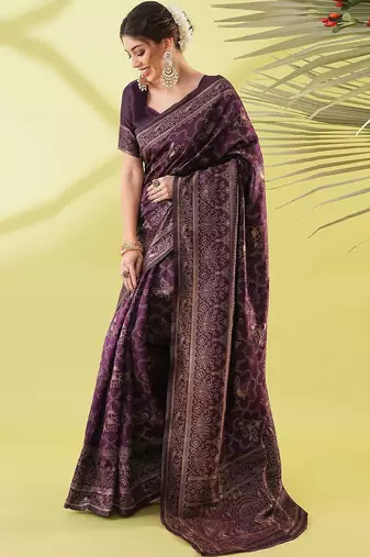 Magenta pure silk woven zari work saree with blouse