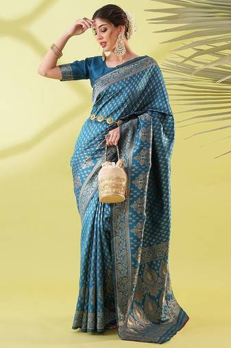 Light blue pure silk woven zari work saree with blouse