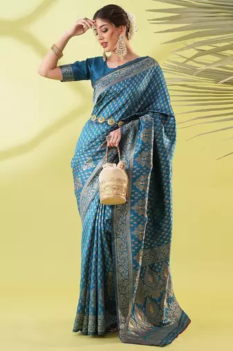 Light blue pure silk woven zari work saree with blouse