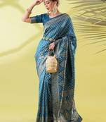 Light blue pure silk woven zari work saree with blouse