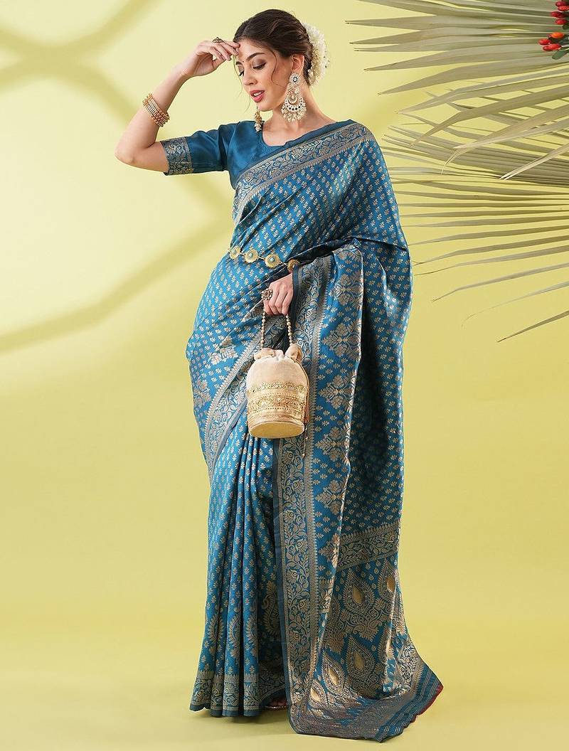 Light blue pure silk woven zari work saree with blouse