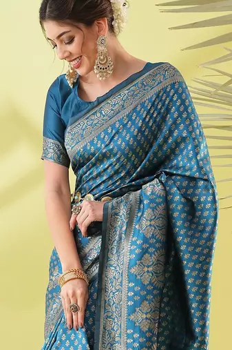 Light blue pure silk woven zari work saree with blouse