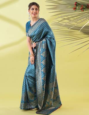 Light blue pure silk woven zari work saree with blouse 3
