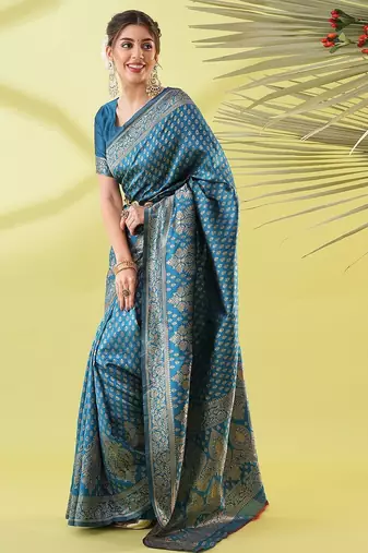 Light blue pure silk woven zari work saree with blouse