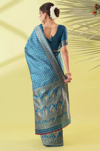 Light blue pure silk woven zari work saree with blouse