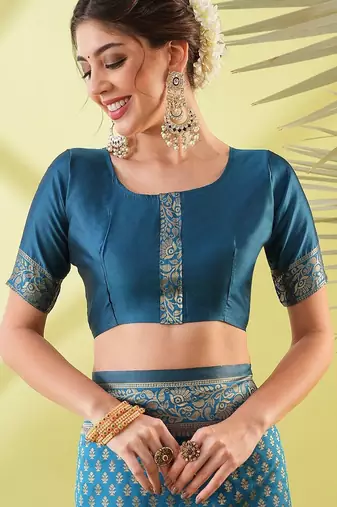Light blue pure silk woven zari work saree with blouse