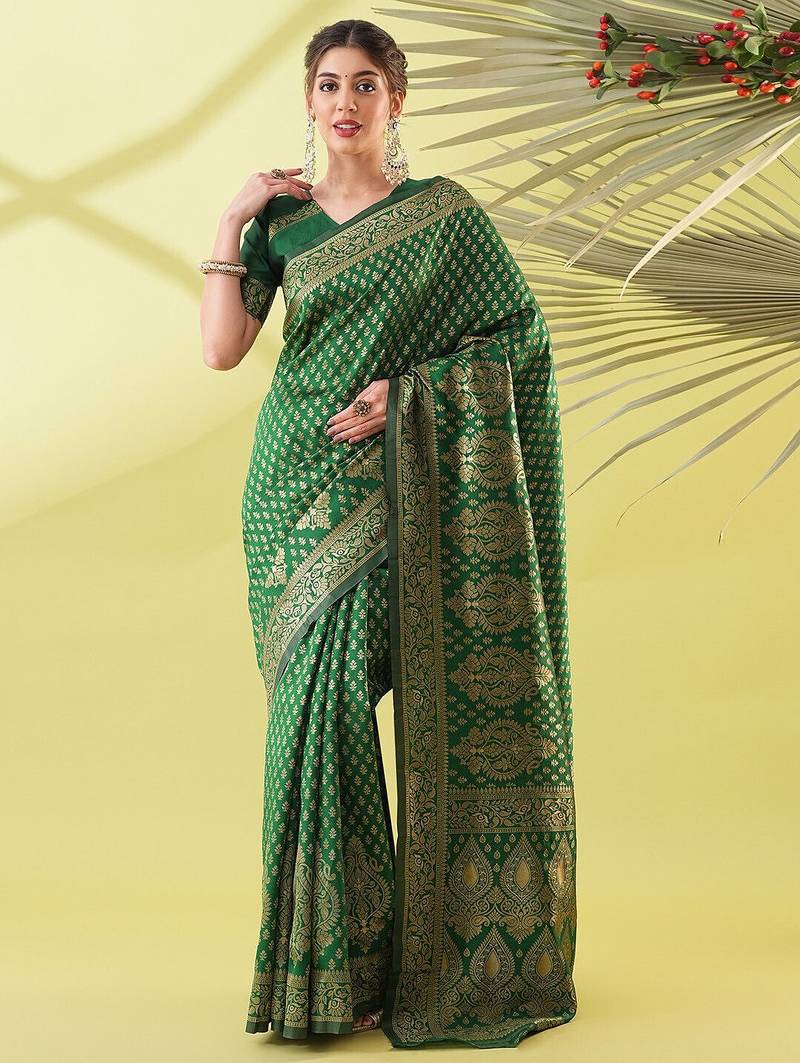 Green pure silk woven zari work saree with blouse