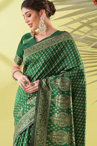 Green pure silk woven zari work saree with blouse
