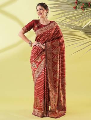 Maroon pure silk woven zari work saree with blouse 1