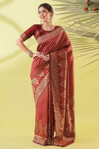 Maroon pure silk woven zari work saree with blouse